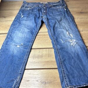 Men’s Mek Denim Malibu Distressed Straight Jeans Embroidered Size 34x34 altered
